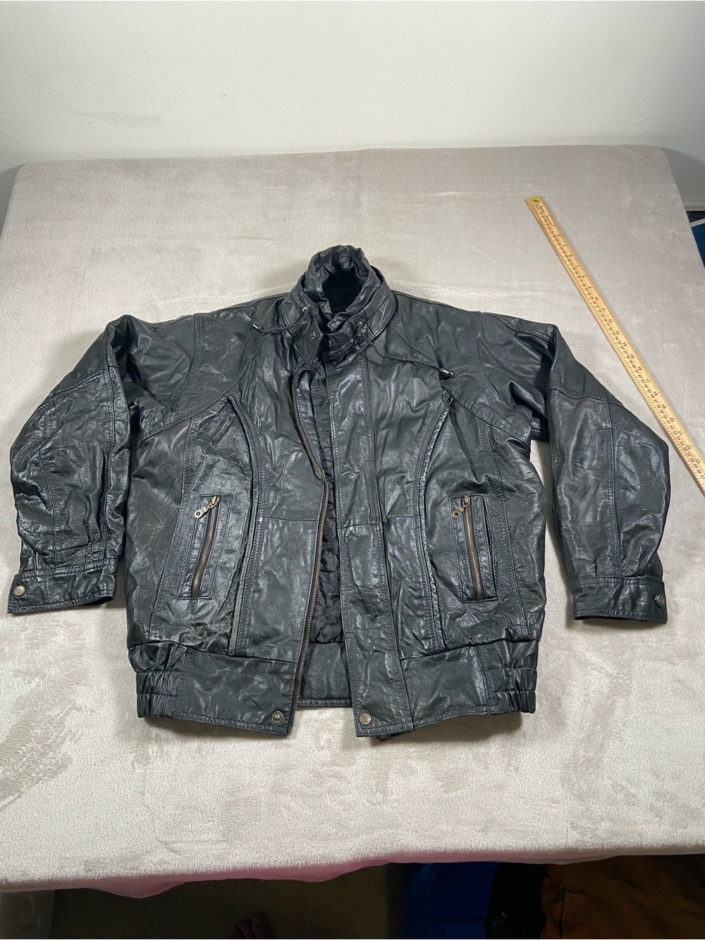 Men's Black Leather Bomber Jacket with High Collar